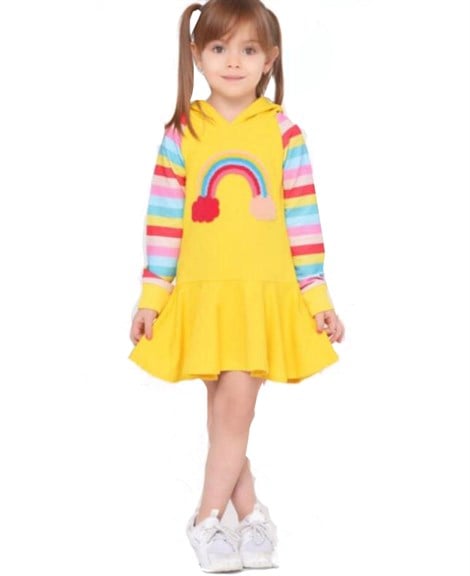 Sarı Gökkuşağı İşlemeli Kapşonlu Uzun Kollu  Kız Çocuk Elbise