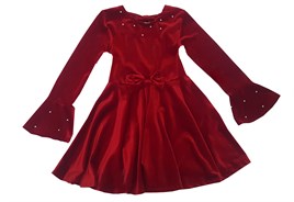 Kırmızı İncili Kadife Kız Çocuk Elbise