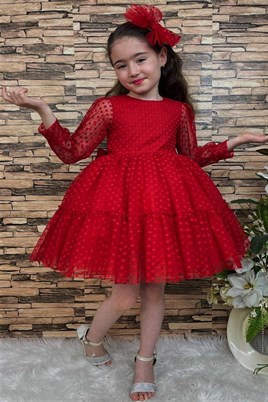 Kız Çocuk Kırmızı Puanlı Tüllü Kabarık Abiye Elbise