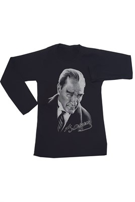 Unisex Siyah Uzun Kollu Atatürk Baskılı Tişört